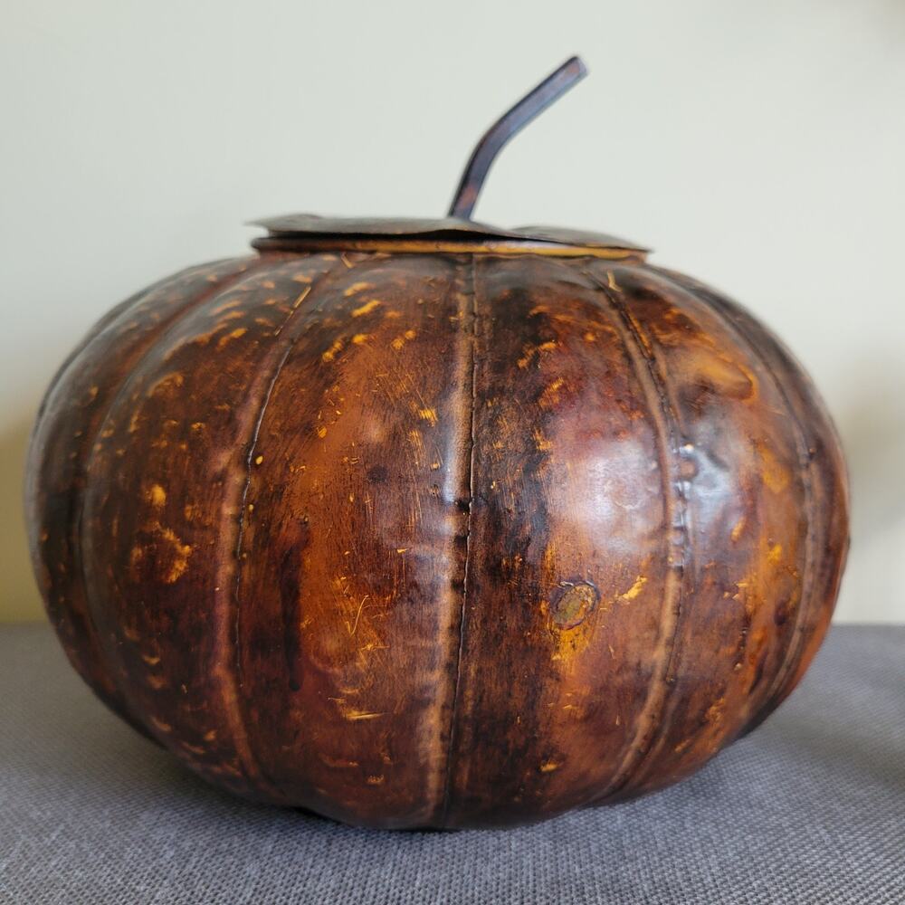 Vintage Metal Tin Distressed Extra Large Pumpkin With Attached Lid